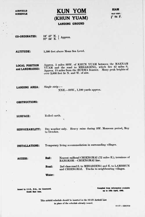April 1945 report on Khun Yuam air facility